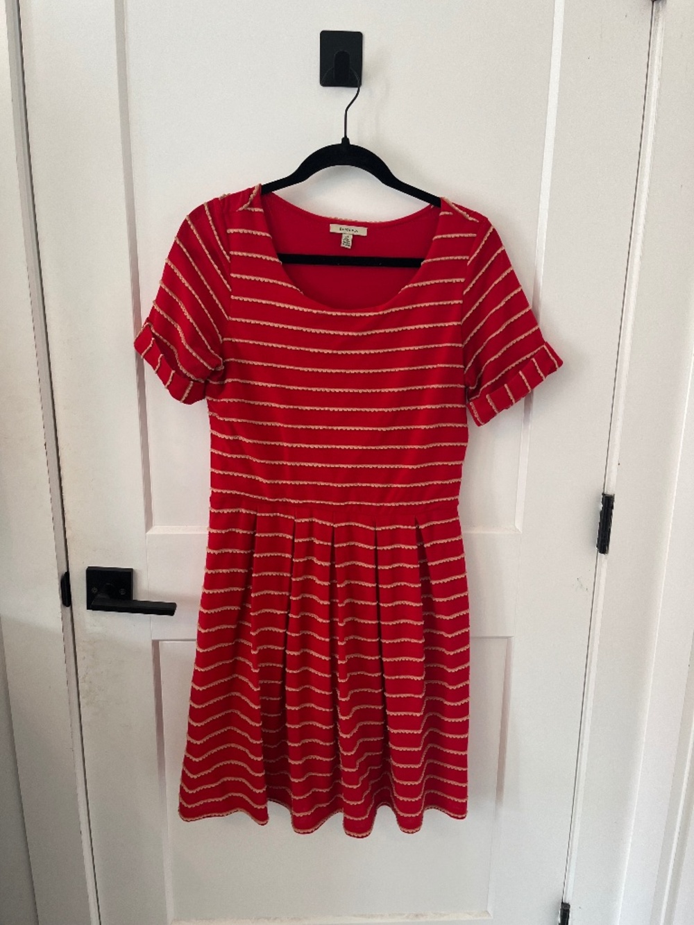 Anthro Red Knit Dress with Scallop trim Stripe